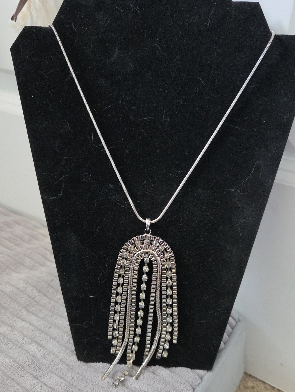 Banana Republic Silver Tone Rhinestone Waterfall Fringe Statement Necklace